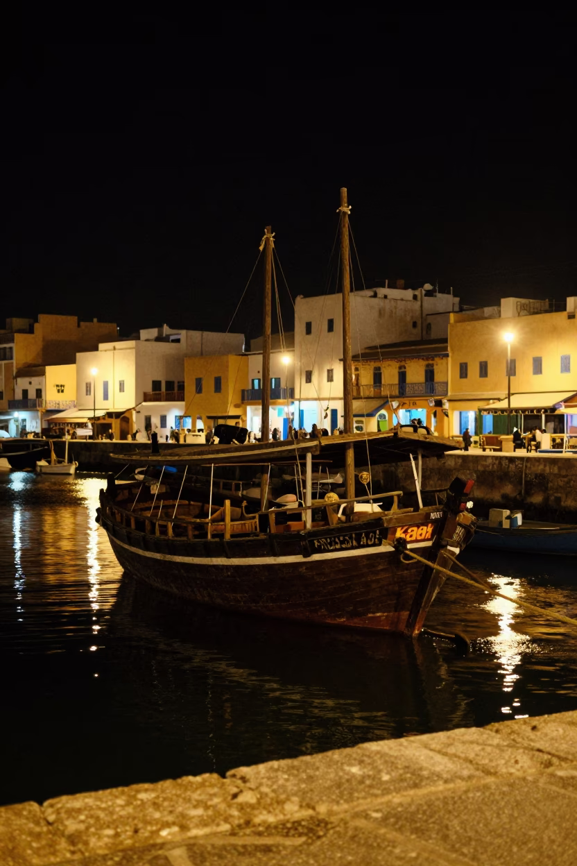 Nocturnal Harbor Scene in Essaouira Morocco with Anchored Junk Boat and Rust Red Sails in in Essaouira, Morocco