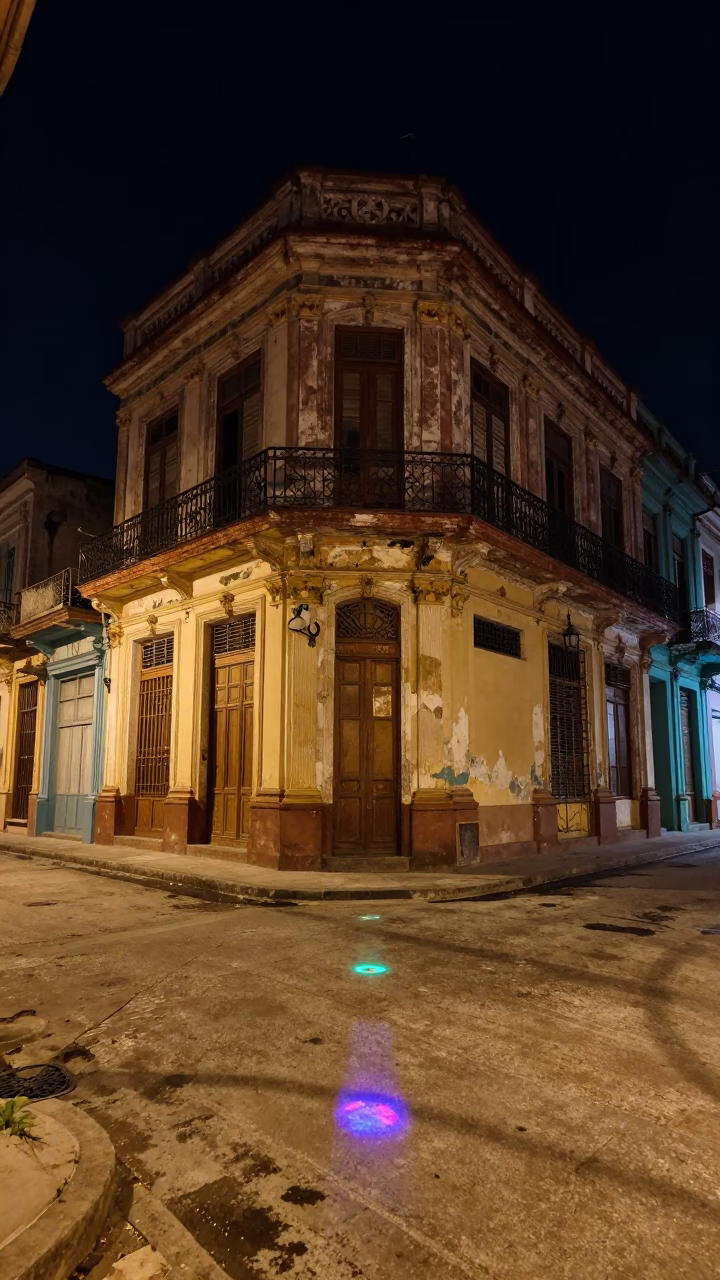 Nocturnal Havana Street Scene with Neon Reflections and Vintage Details in in Havana, Cuba