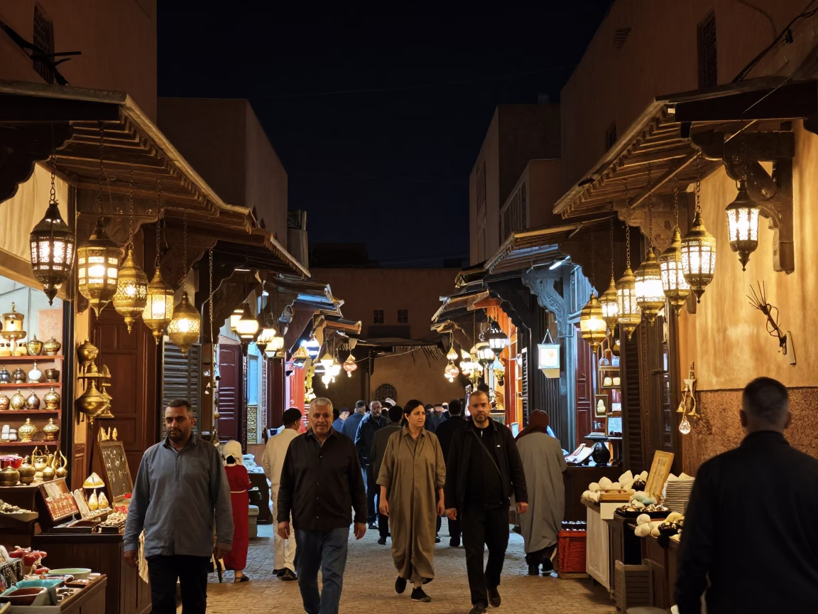 Nocturnal Marrakech Souk Street Scene with Traditional Lanterns and Busy Night Market Activity in in Marrakech, Morocco