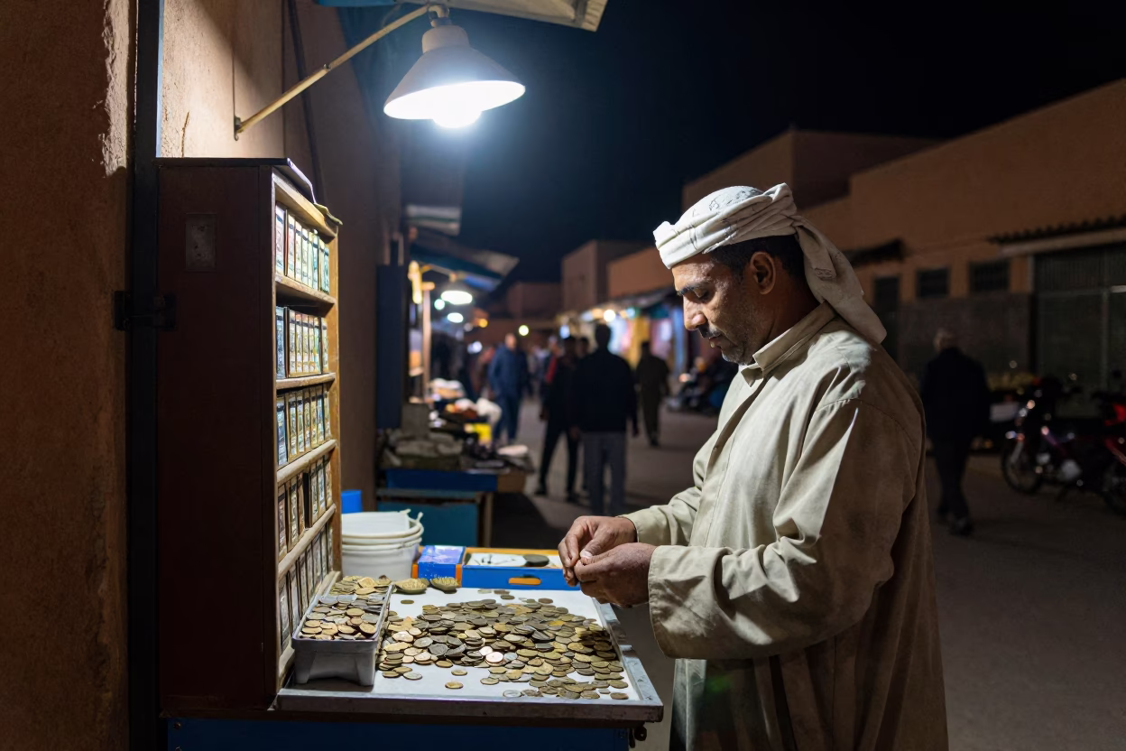 Nocturnal Marrakech Street Scene with Lockable Cash Box and Jam Jar in in Marrakech, Morocco