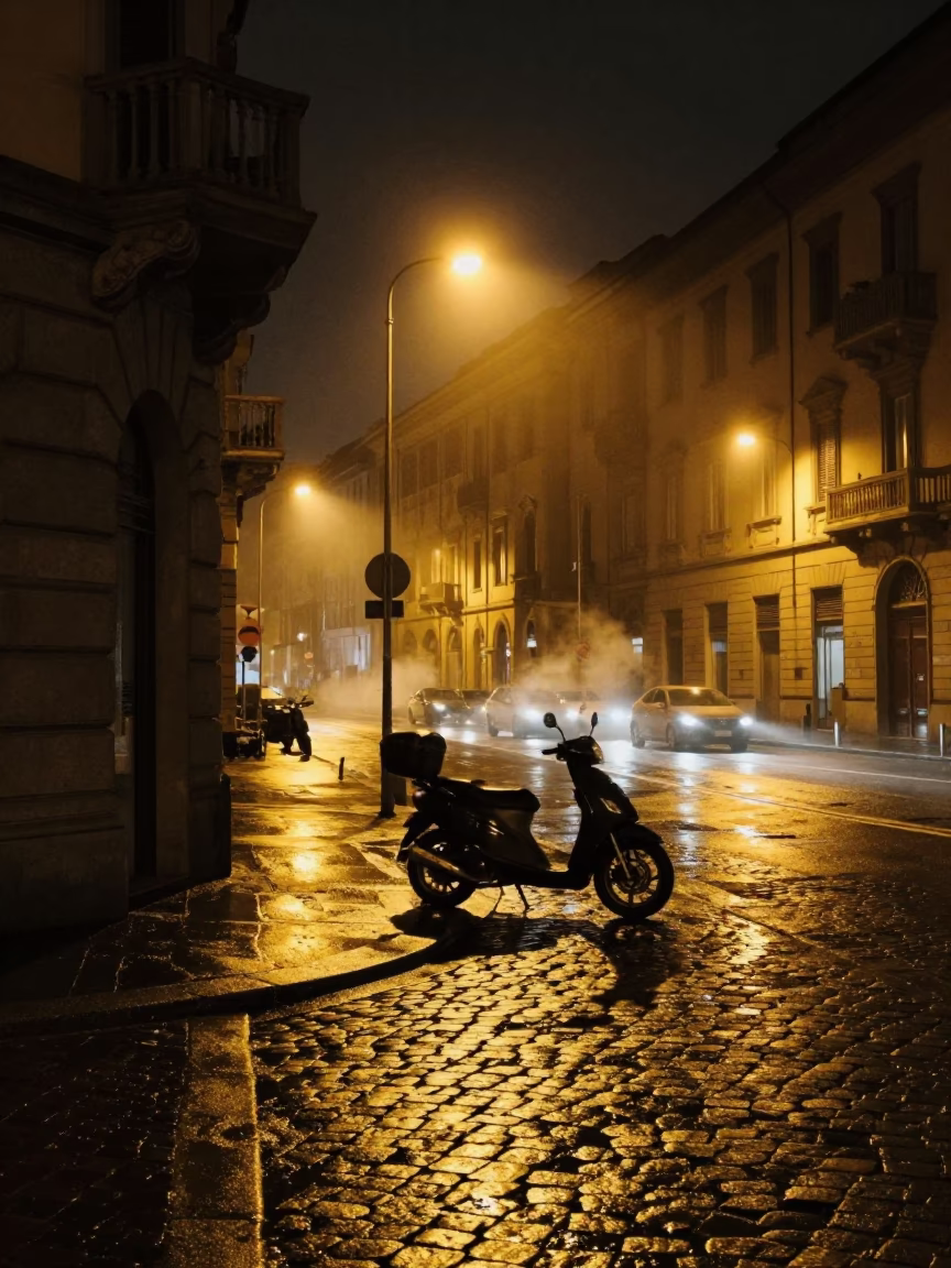 Nocturnal Milan Street Scene with Motorbike and Steam Haze in 1970s Italy in in Milan, Italy
