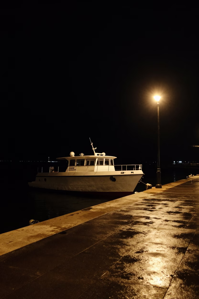 Nocturnal Naples Water Taxi at Floating Dock Under Streetlamp Illumination in in Naples, Italy