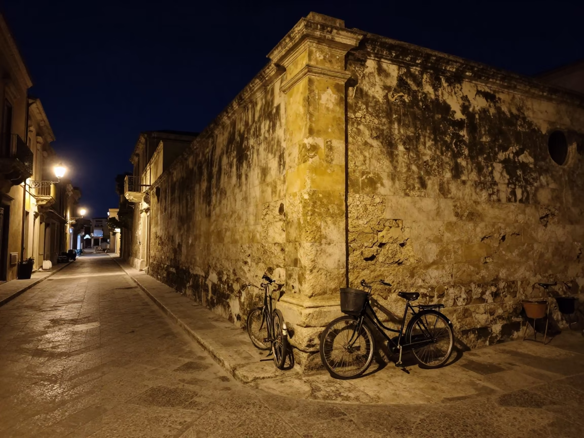 Nocturnal Palermo Street Scene with Vintage Bicycle and Ambient City Lights in in Palermo, Italy
