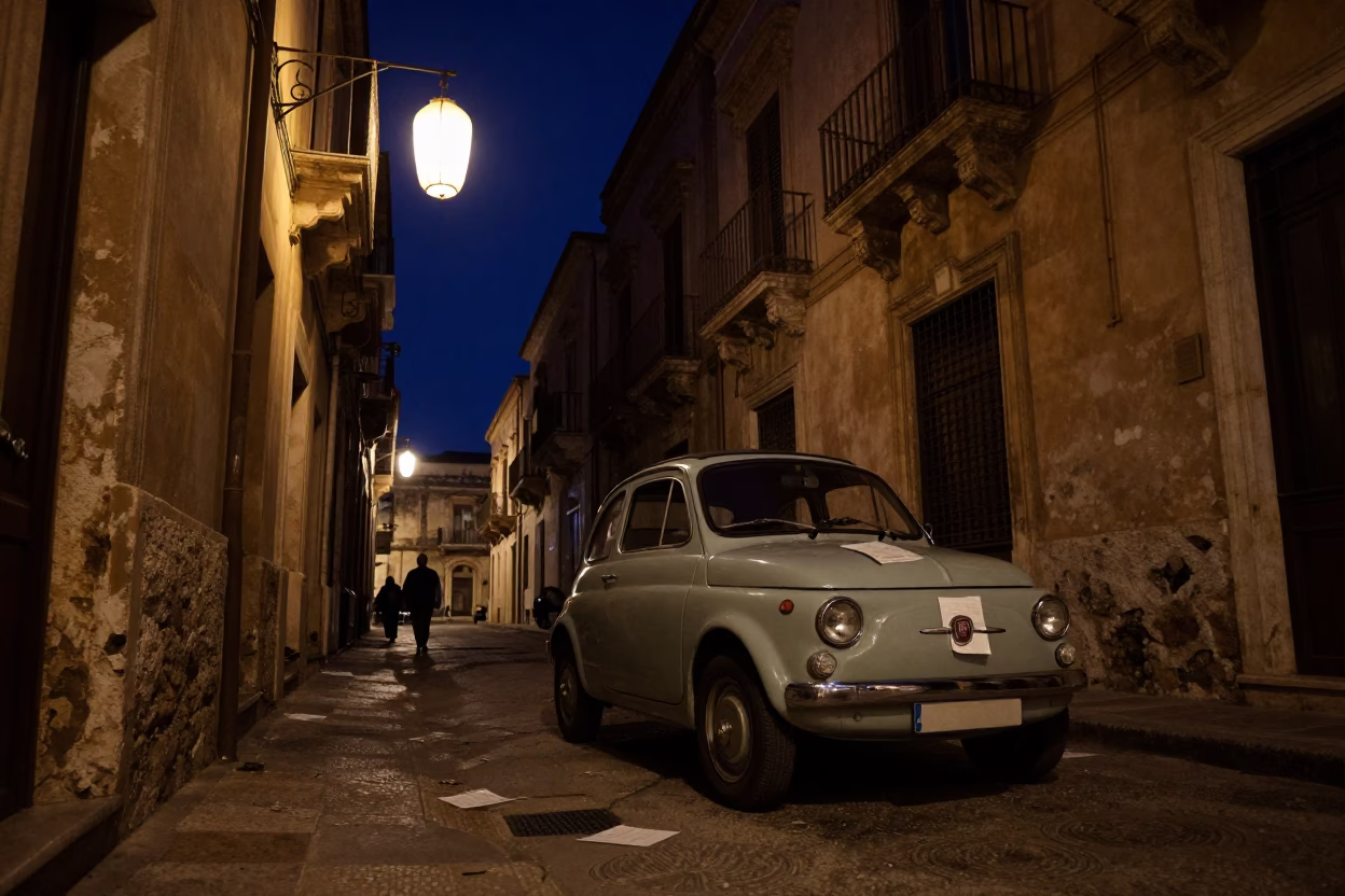 Nocturnal Palermo Street Scene with Vintage Car and Paper Lantern Under Deepest Night Sky in in Palermo, Italy