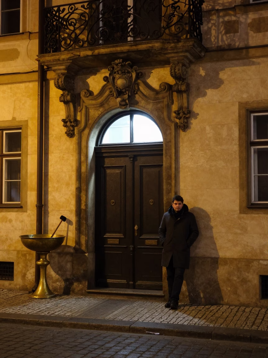 Nocturnal Prague Street Scene with Mallet and Brass Basin in in Prague, Czech Republic