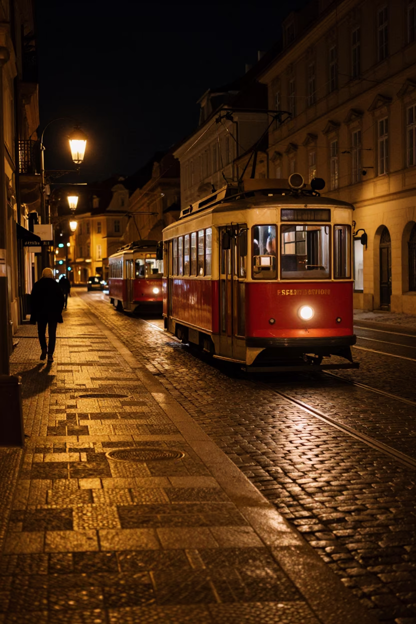 Nocturnal Prague Street Scene with Vintage Tram and Cobblestone Reflections in in Prague, Czech Republic
