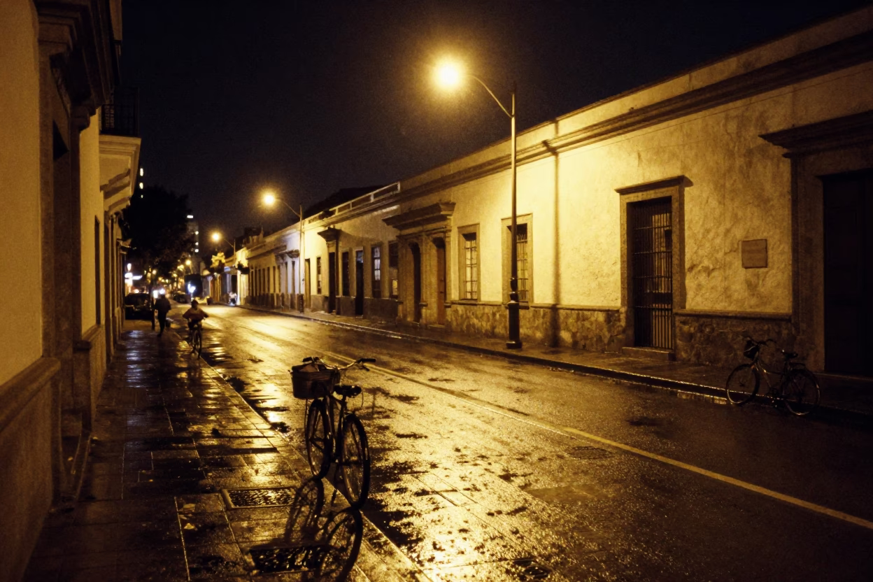 Nocturnal Quito Street Scene With Wet Footsteps And Bicycle Basket in in Quito, Ecuador