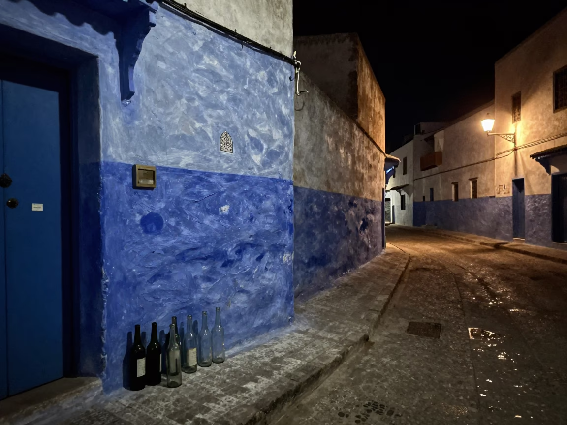 Nocturnal Street Scene in Essaouira Morocco with Glass Bottles and Dim Lighting in in Essaouira, Morocco