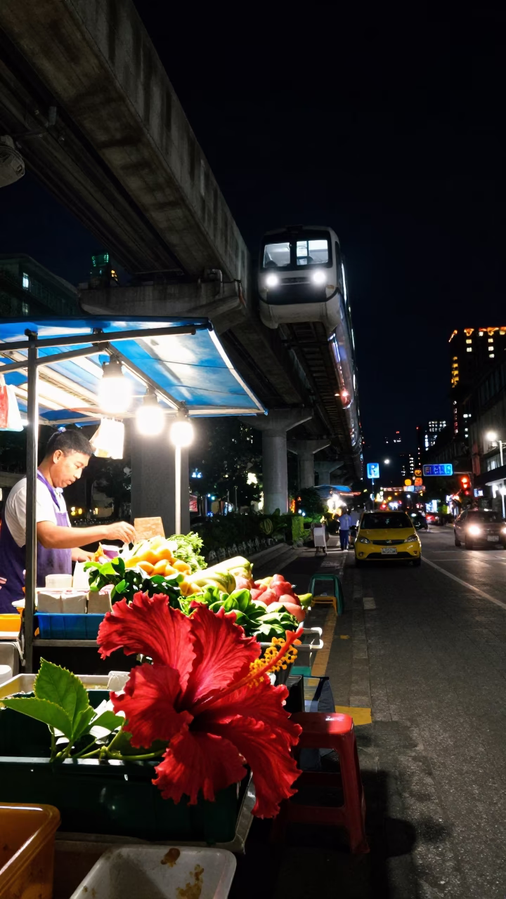 Nocturnal Taipei Street Scene with Monorail Overhead and Vibrant Hibiscus Bloom in in Taipei, Taiwan