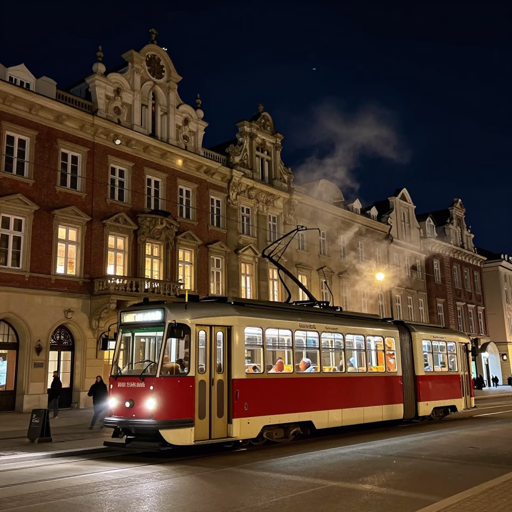 Nocturnal Tram Transit Past Ornate Historic Facades in Krakow Poland Night in in Krakow, Poland