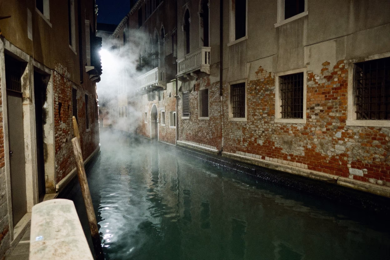 Nocturnal Venetian Canal Scene with Steam Haze and Glass Reflections in in Venice, Italy