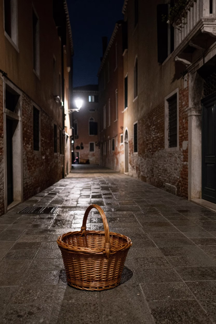 Nocturnal Venetian Street Scene with Wicker Basket and Cobblestones Under Deep Night Sky in in Venice, Italy