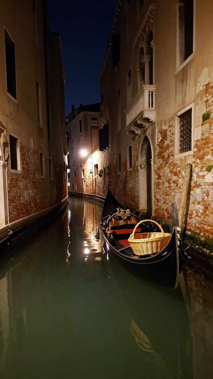 Nocturnal Venice Canal Reflections with Wicker Basket and Bar Soap in in Venice, Italy