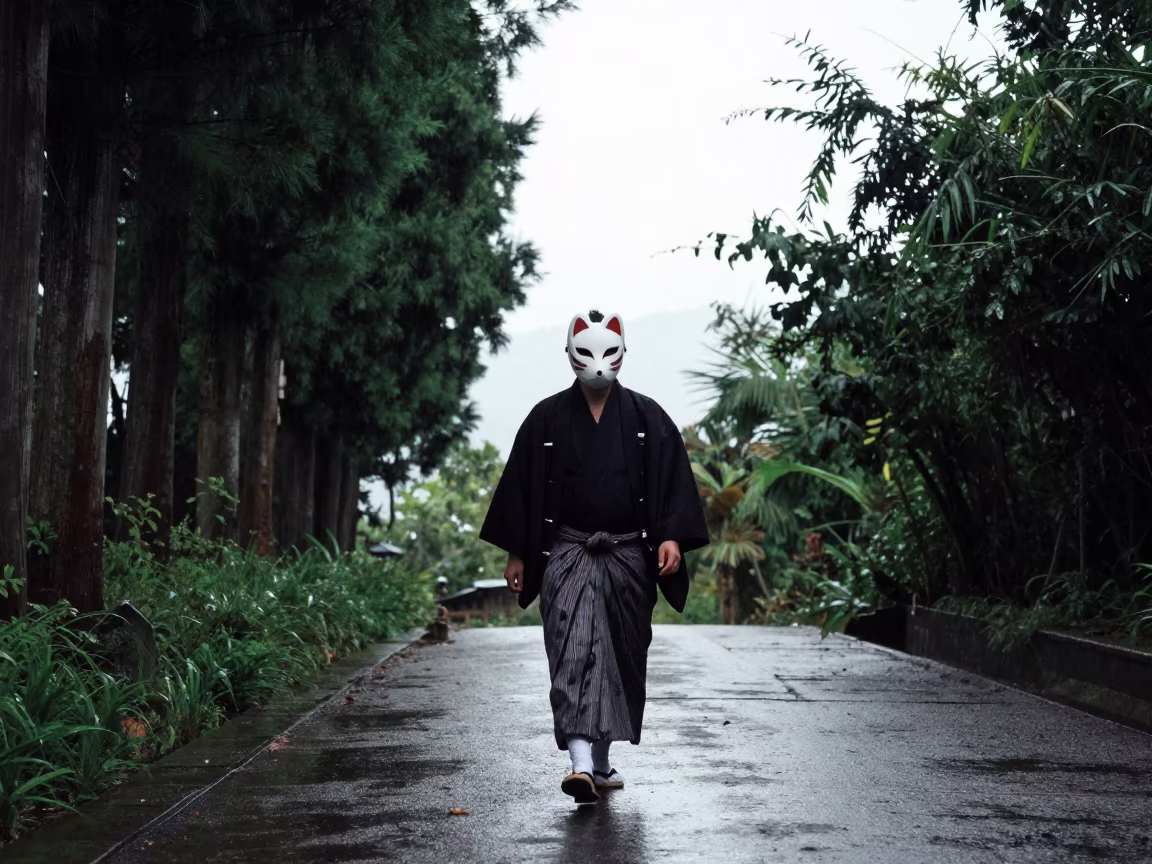 Noh Actor Fox Mask on Adama Game Trail in along a game trail near Adama