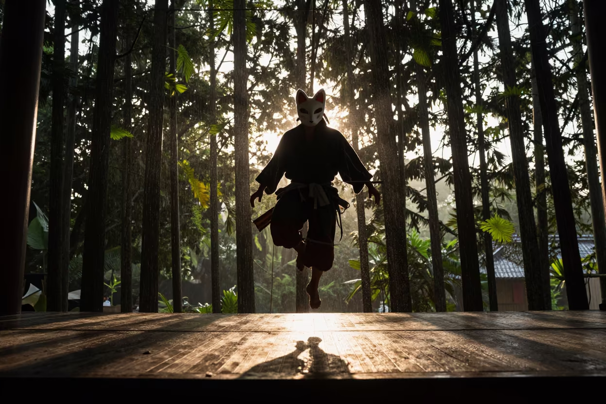 Noh Actor in Fox Mask Before Dawn in in Central African Republic