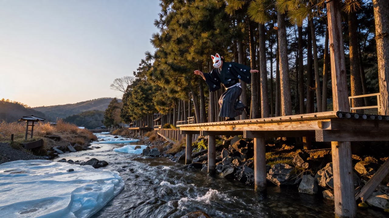 Noh Actor in Fox Mask on Cypress Stage in above a glacial stream near Carúpano