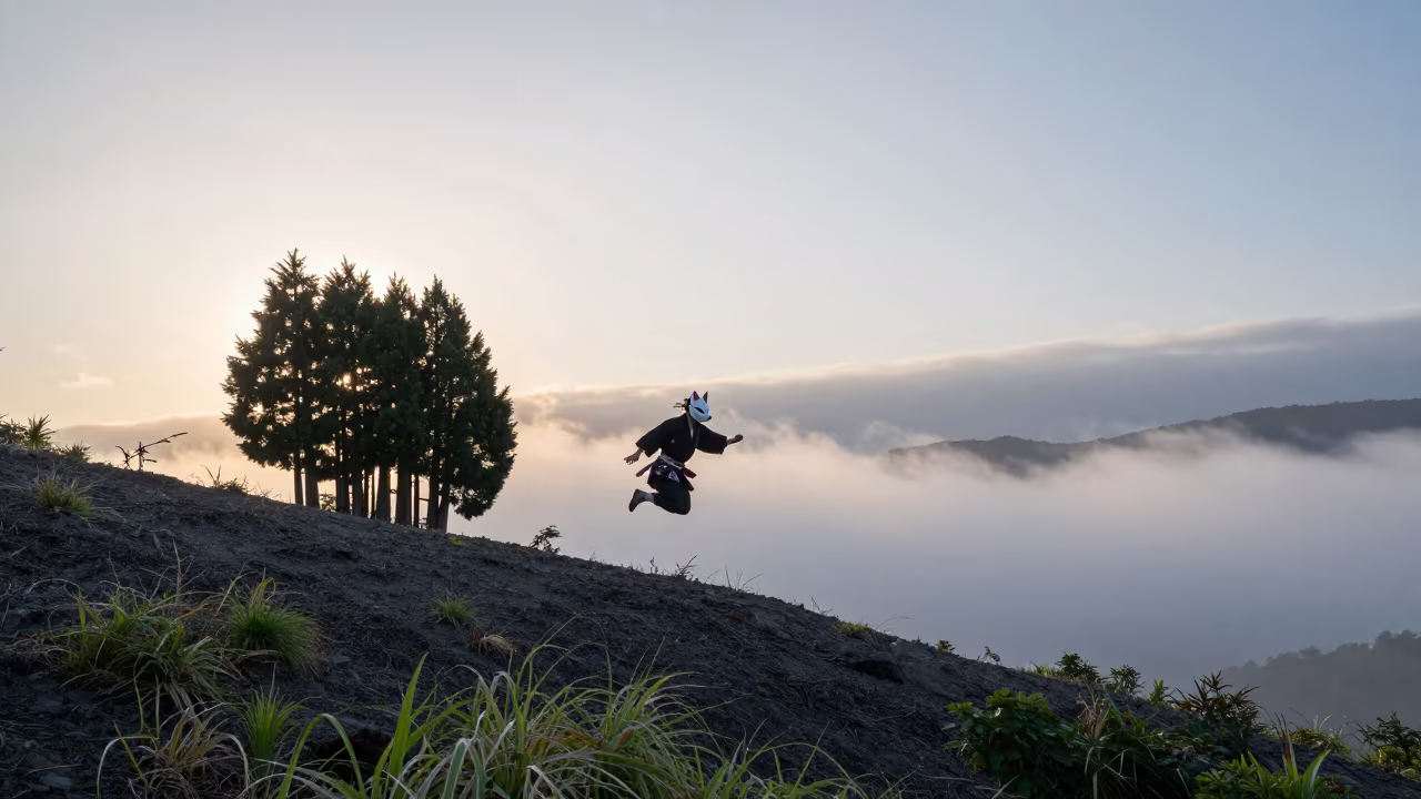 Noh Actor in Fox Mask on Wind-Scoured Ridge in on a wind-scoured ridge near Rosario