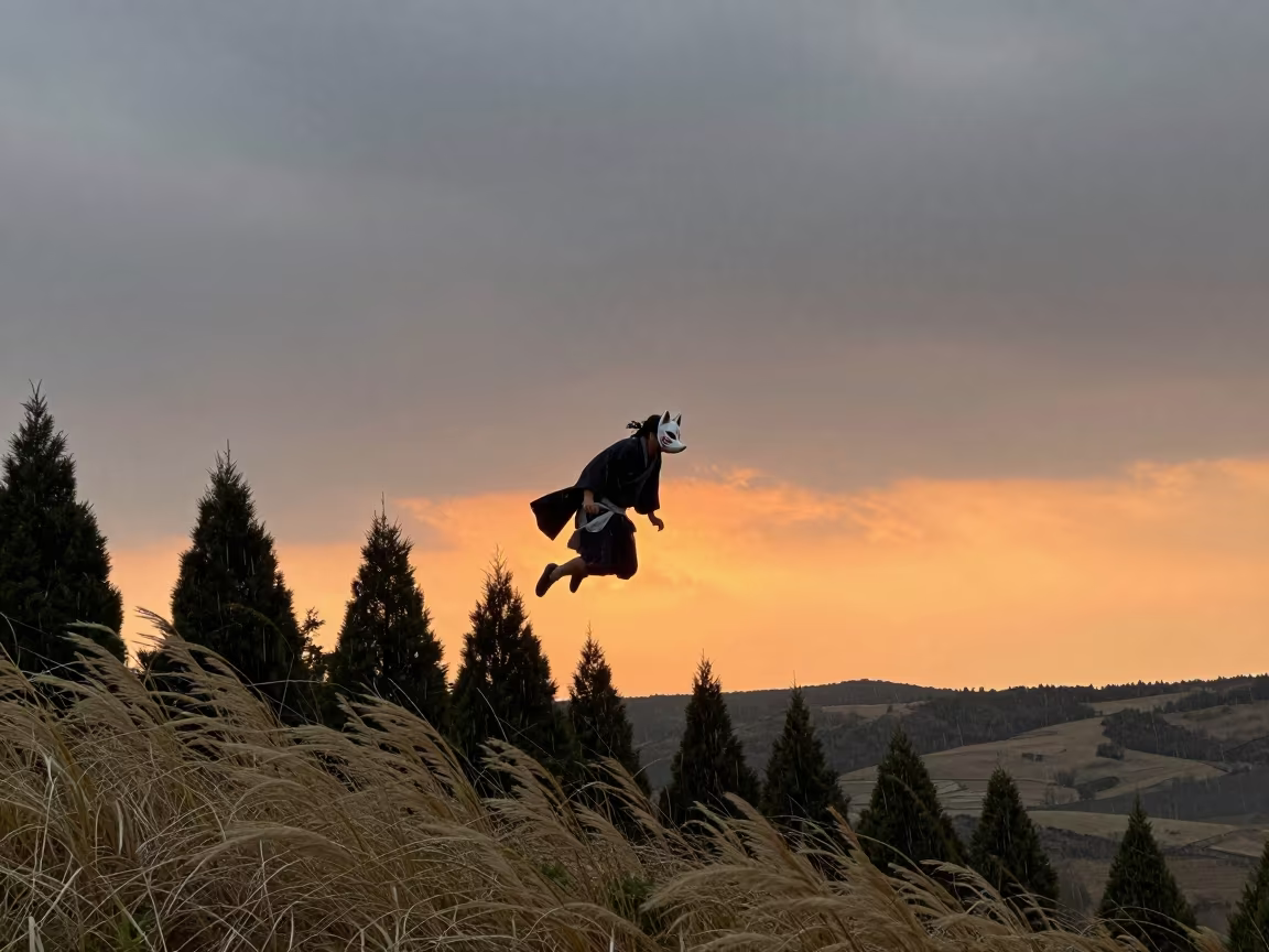 Noh Fox Actor on Serbian Ridge in on a wind-scoured ridge in Serbia