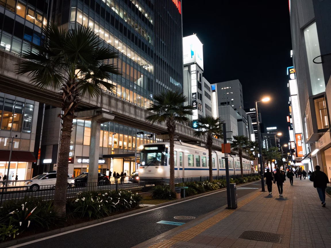 Noisy Osaka Night Street Scene with Monorail Passing Glass Towers and Palm Trees in in Osaka, Japan