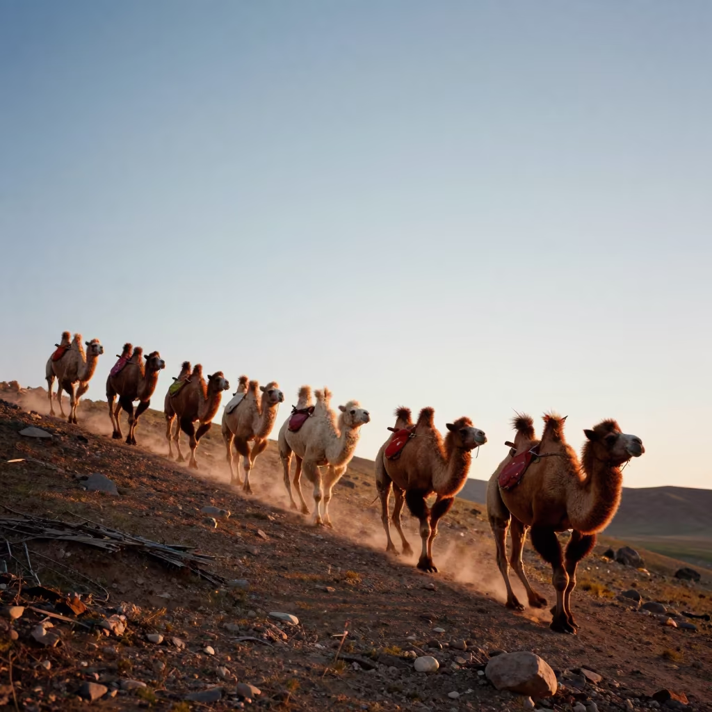 Nomad Camel Caravan on Mongolian Switchback in along a switchback approach in Mongolia