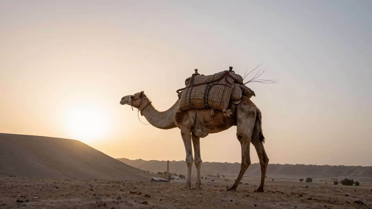 Nomad Loading Camel Saddlebags at Dawn in on a hillside near Riyadh