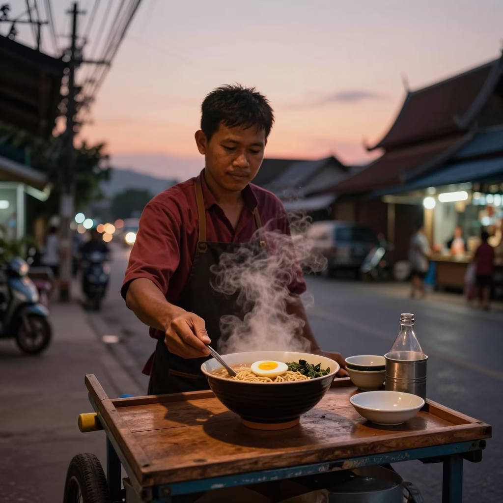 Noodle Bowl in Chiang Mai at Copper-toned Light Before Dusk in in Chiang Mai, Thailand