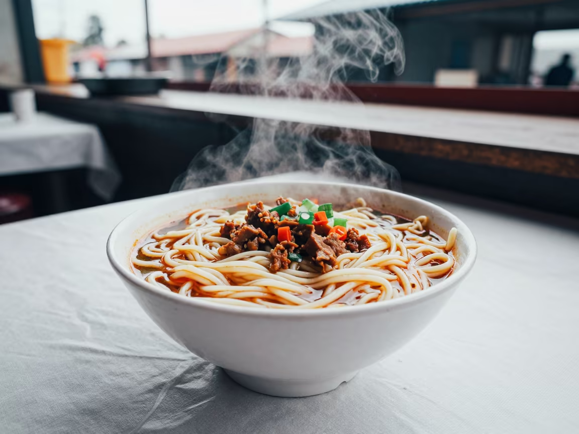 Noodle Bowl on Linen Table N'dalatando in at a noodle counter in N'dalatando