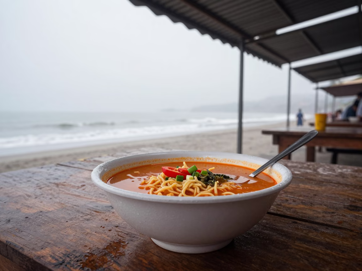 Noodle Bowl Morning Market Barquisimeto in on a weathered outdoor table near Barquisimeto