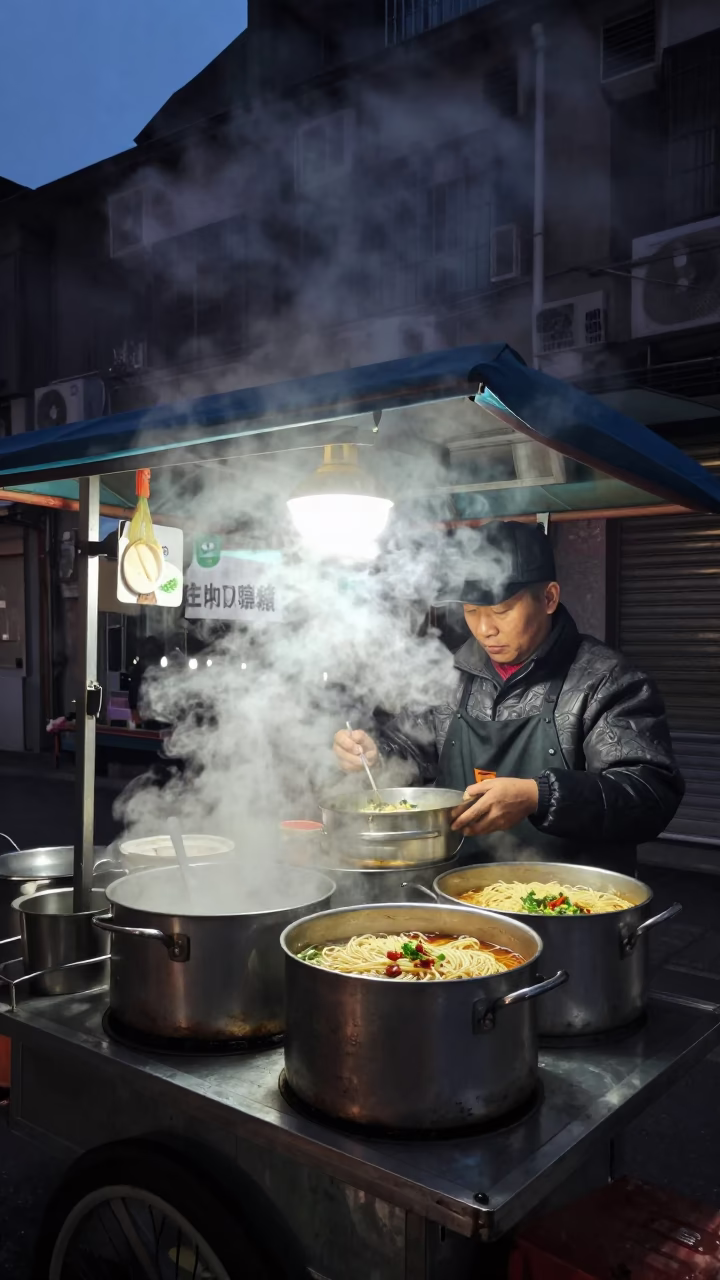 Noodle Bowls in Shanghai at The Predawn Darkness Light in in Shanghai, China