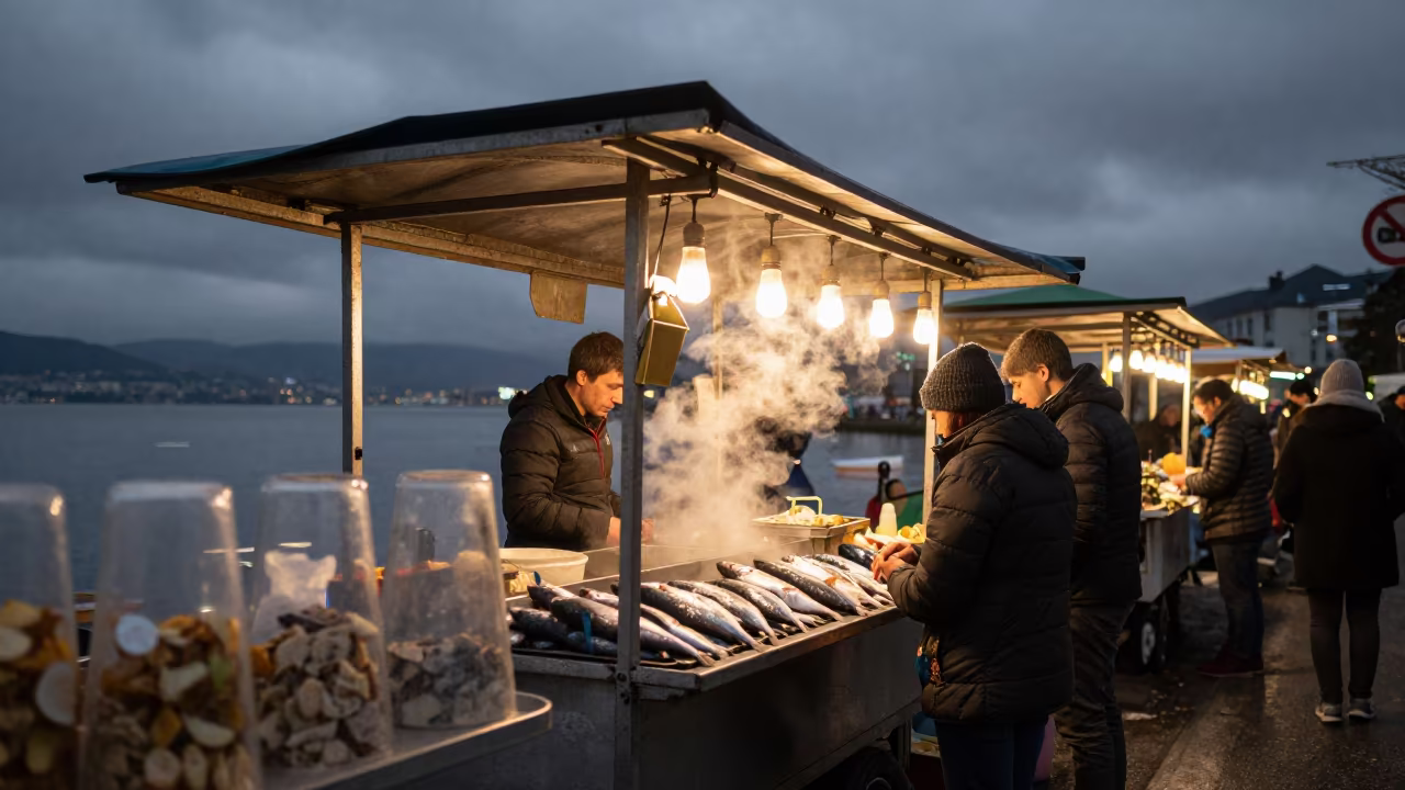 Noodle Cart Steam in Batumi Night Market in beside a fish counter in Batumi