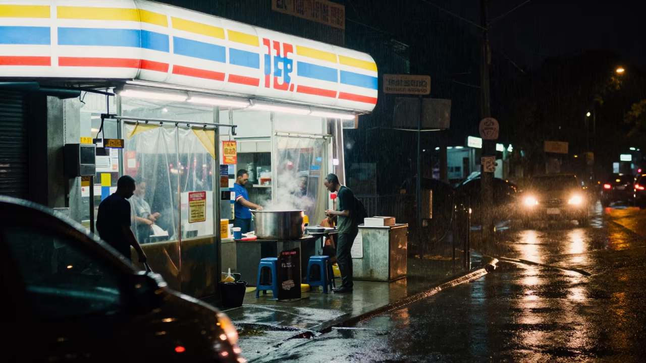Noodle Shop Alley in Uyo Under Winter Dawn in outside a fluorescent convenience store in Uyo