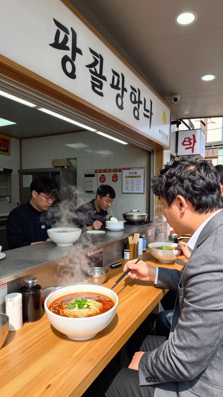 Noodle Shop Counter with Tea Stains in Seoul Korea at Noon in in Seoul, South Korea