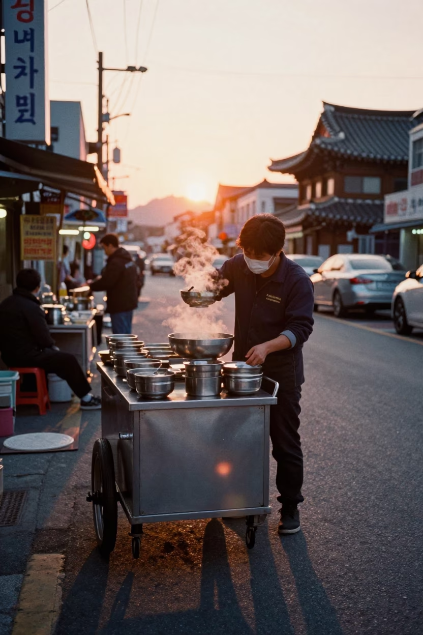 Noodle Soup at As The Sun Drops Toward The Horizon in Seoul in in Seoul, South Korea
