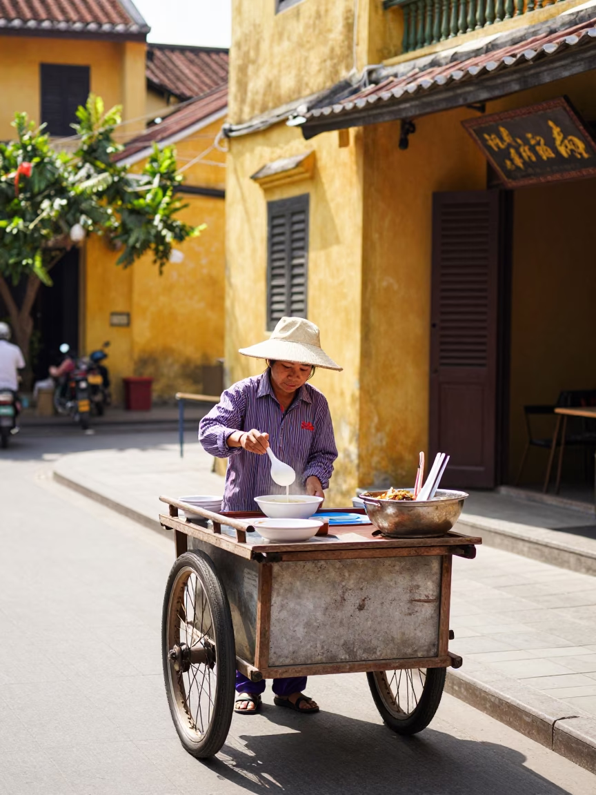 Noodle Soup at Bright Midmorning Light in Hoi An in in Hoi An, Vietnam