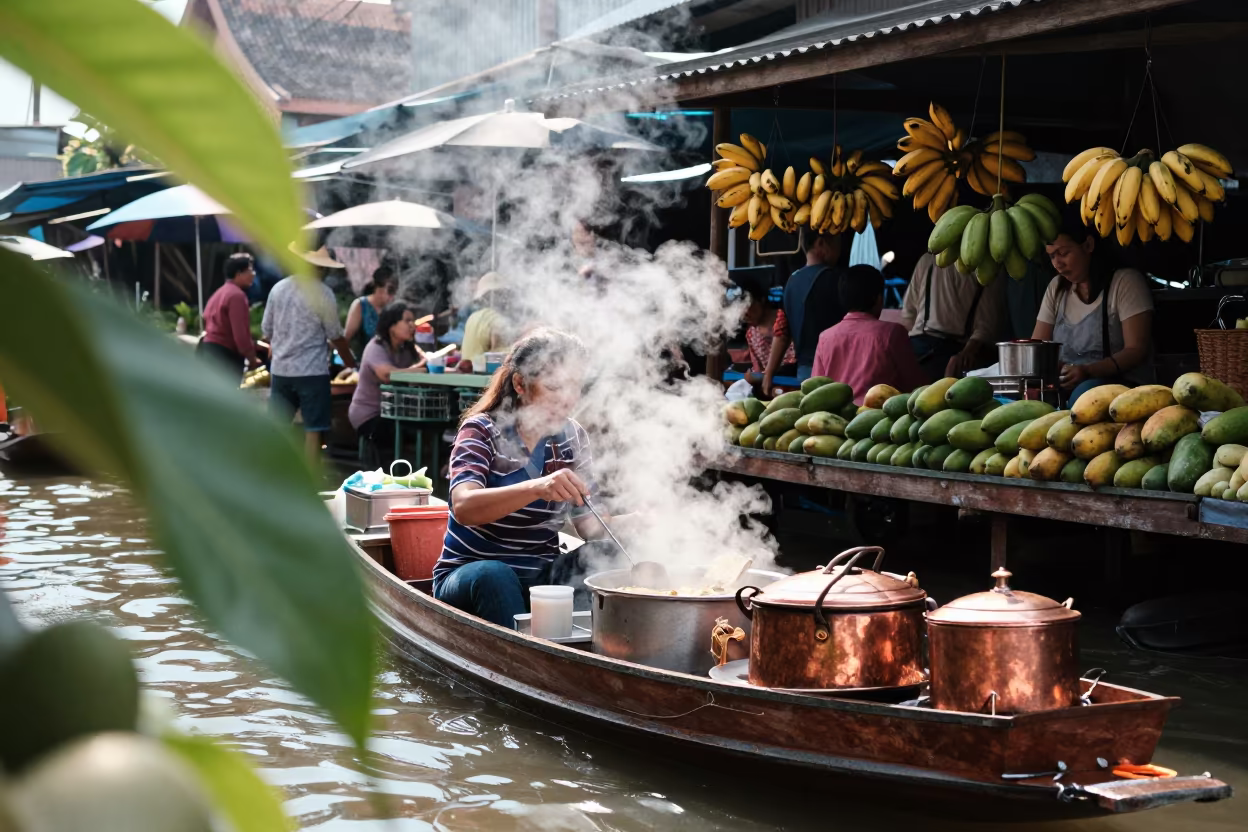 Noodle Soup Boat Kitchen Chiang Mai Market in at a roadside fruit stand in Chiang Mai