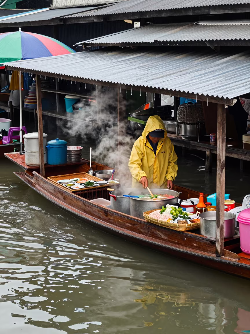 Noodle Soup Boat Kitchen at Thai Floating Market in under a market canopy in Bangkok