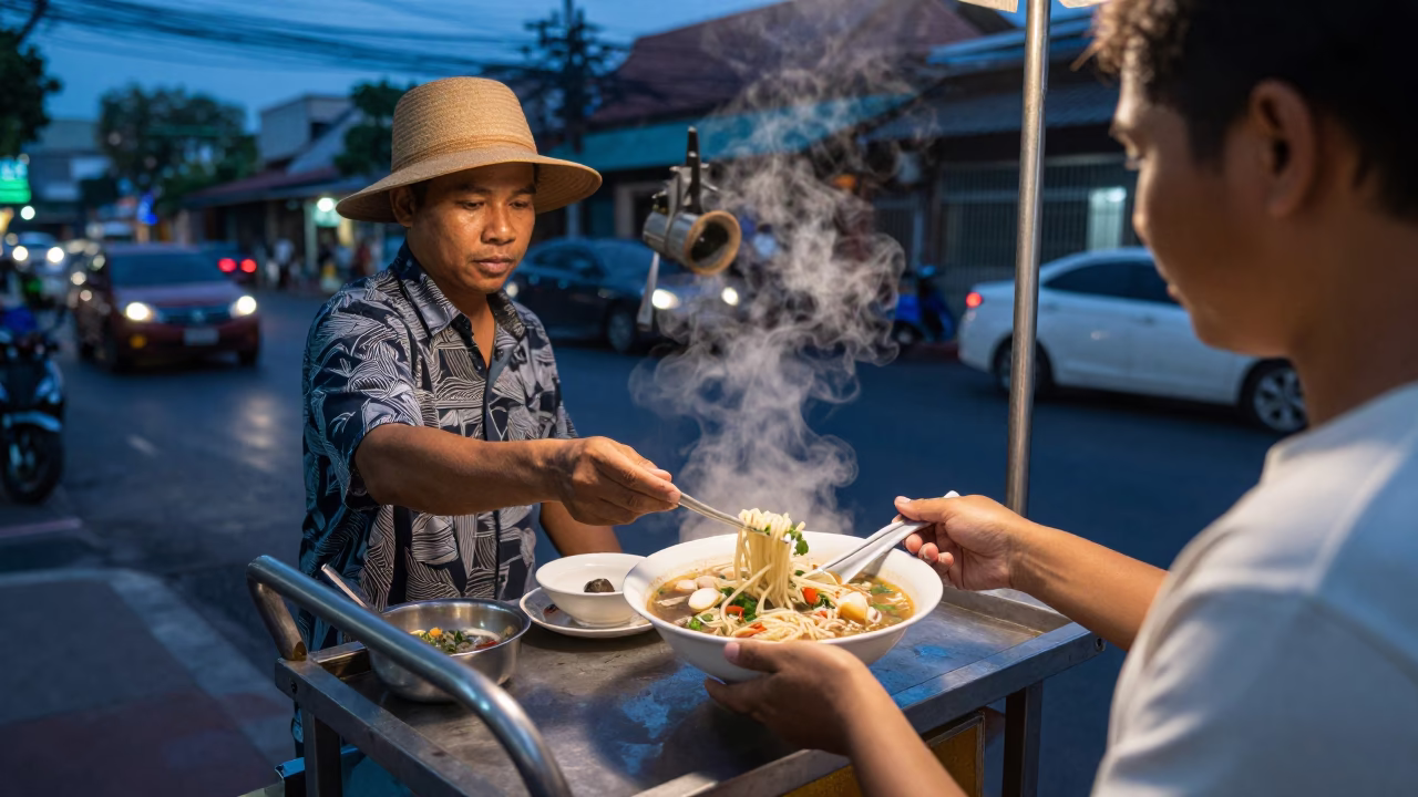 Noodle Soup in Bangkok at Blue Hour in in Bangkok, Thailand