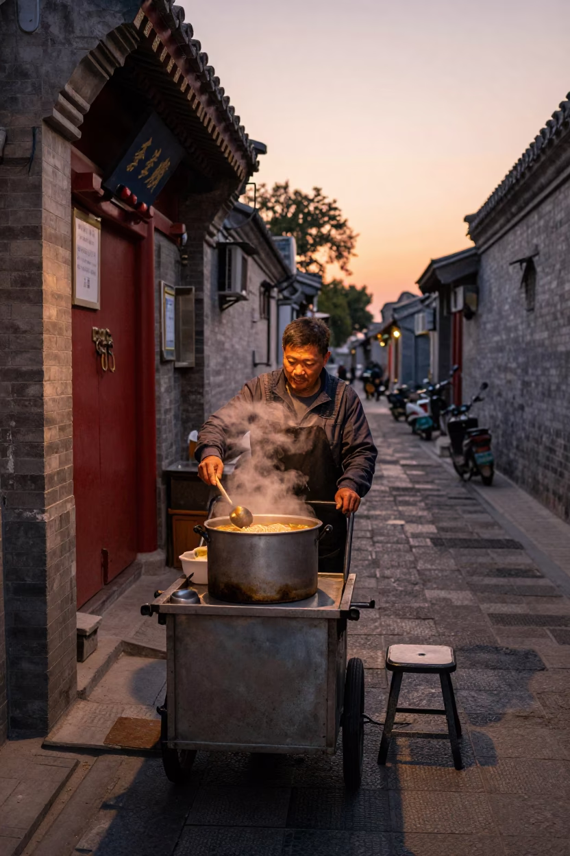 Noodle Soup in Beijing at Copper-toned Light Before Dusk in in Beijing, China