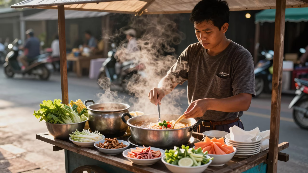 Noodle Soup in Chiang Mai at Clear Late-afternoon Light in in Chiang Mai, Thailand