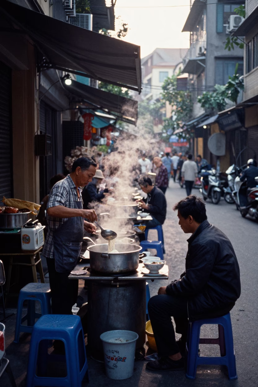 Noodle Soup in Hanoi at Sunrise Light in in Hanoi, Vietnam
