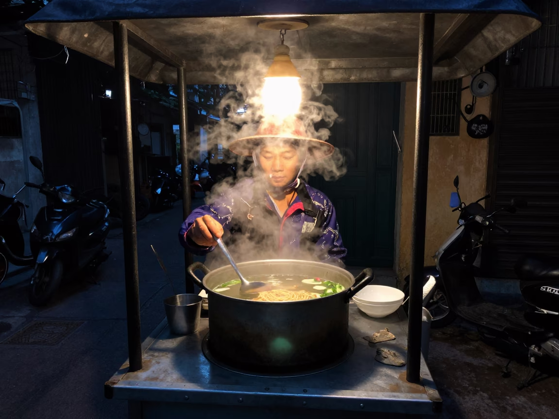 Noodle Soup in Hanoi at The Predawn Darkness Light in in Hanoi, Vietnam