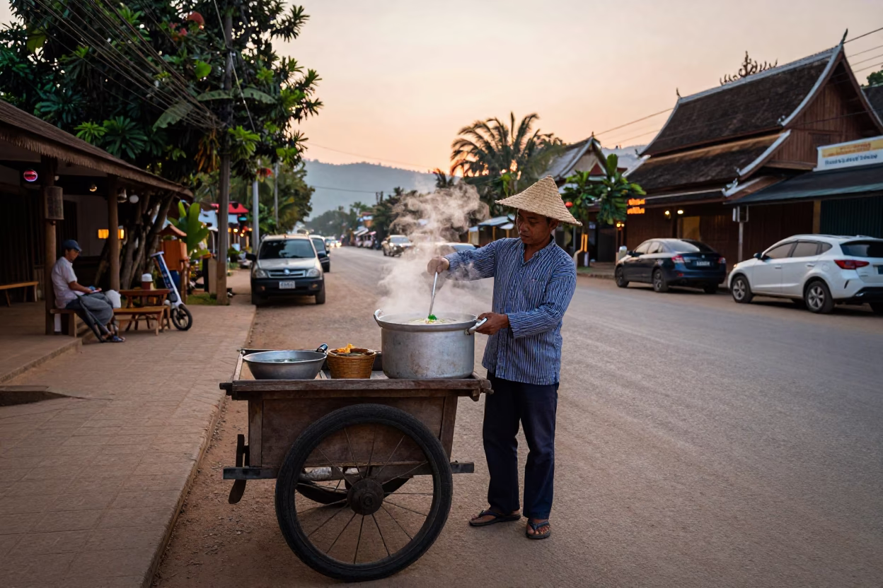 Noodle Soup in Luang Prabang at First Light Of Dawn in in Luang Prabang, Laos