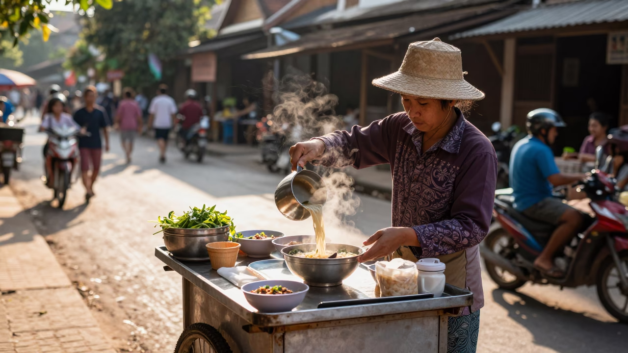 Noodle Soup in Luang Prabang at The Late Morning Light in in Luang Prabang, Laos