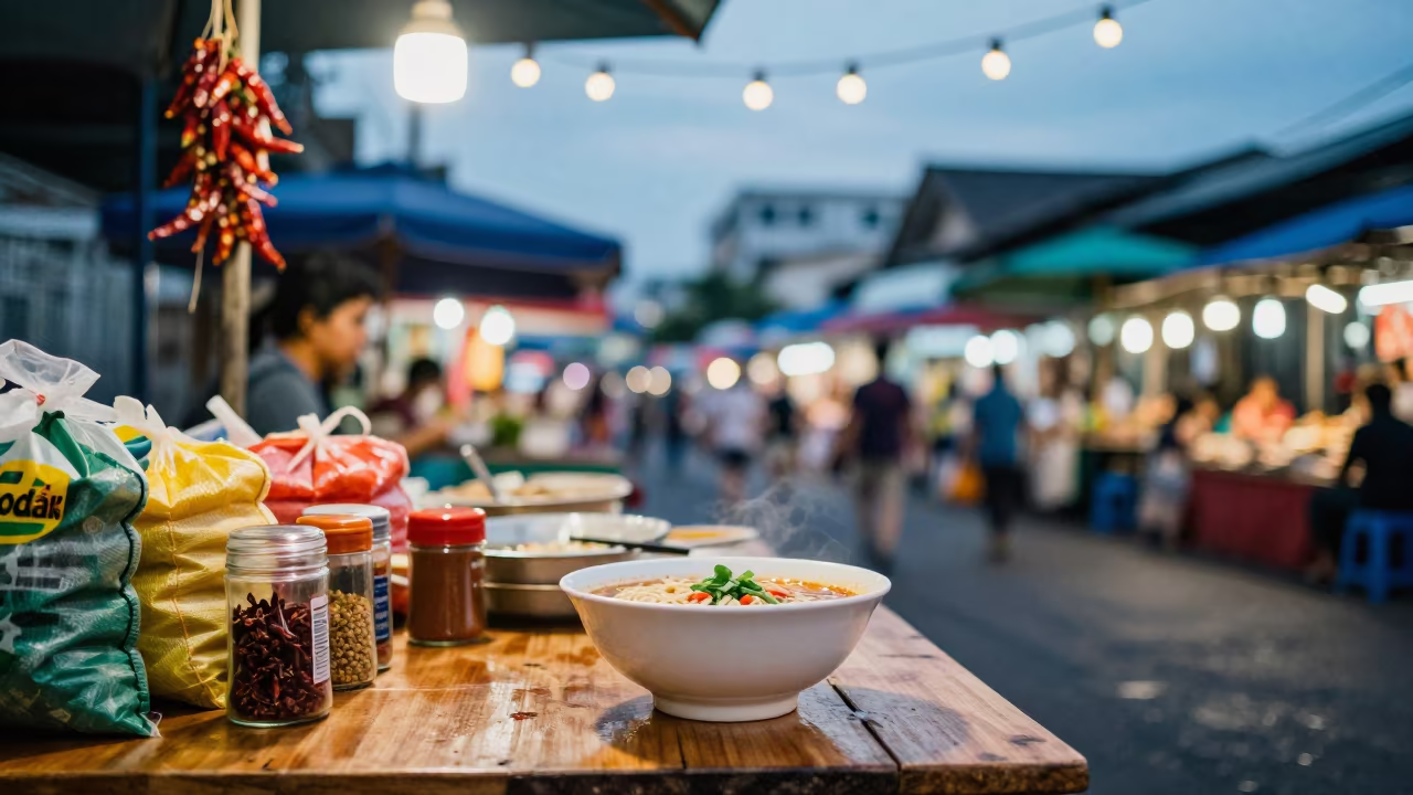 Noodle Soup at Thai Floating Market Spice Table in at a spice vendor's table in Ekkamai, Bangkok