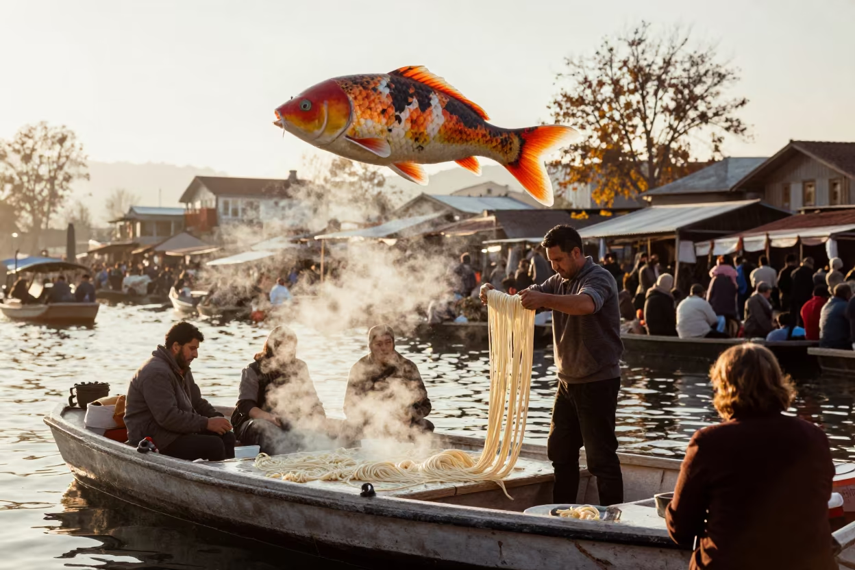 Noodle Vendor and Giant Koi at Floating Market in at a floating market boat in Kütahya