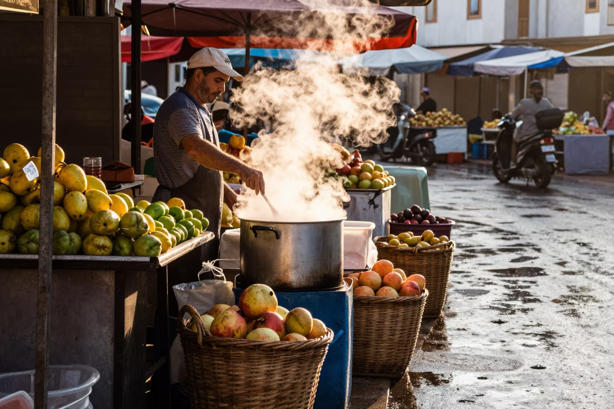 Noodle Vendor Steam at Ashdod Morning Market in at a roadside fruit stand in Ashdod
