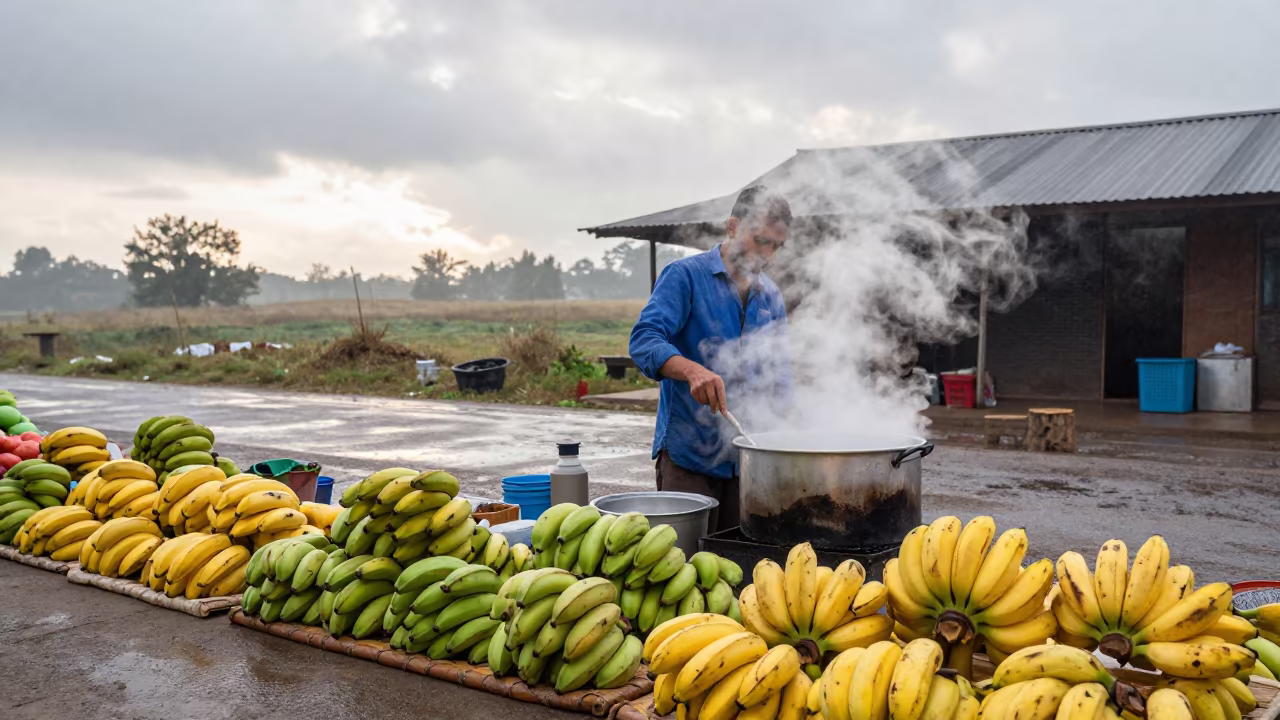 Noodle Vendor Steam Rising at Danane Morning Market in at a roadside fruit stand in Danané