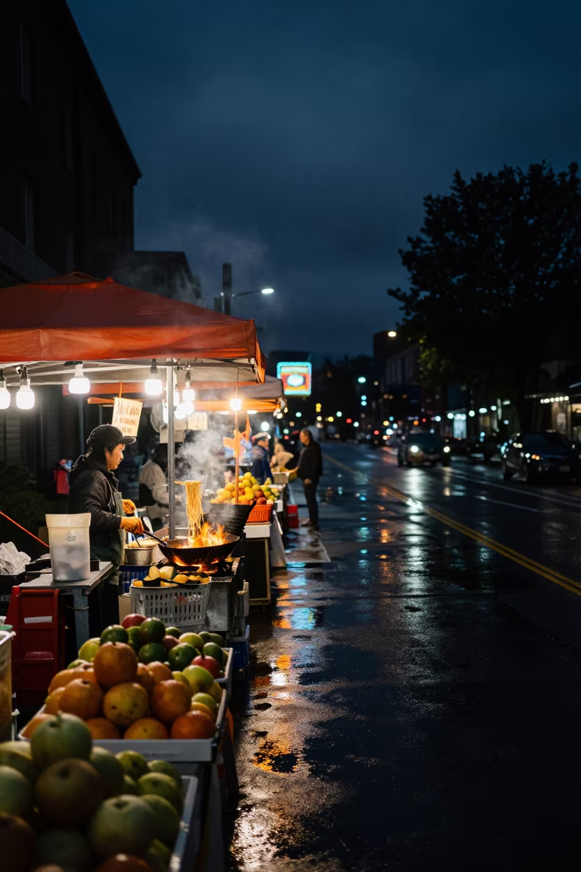 Noodle Vendor Tossing Fire at Night Market in at a roadside fruit stand in Pearl District, Portland