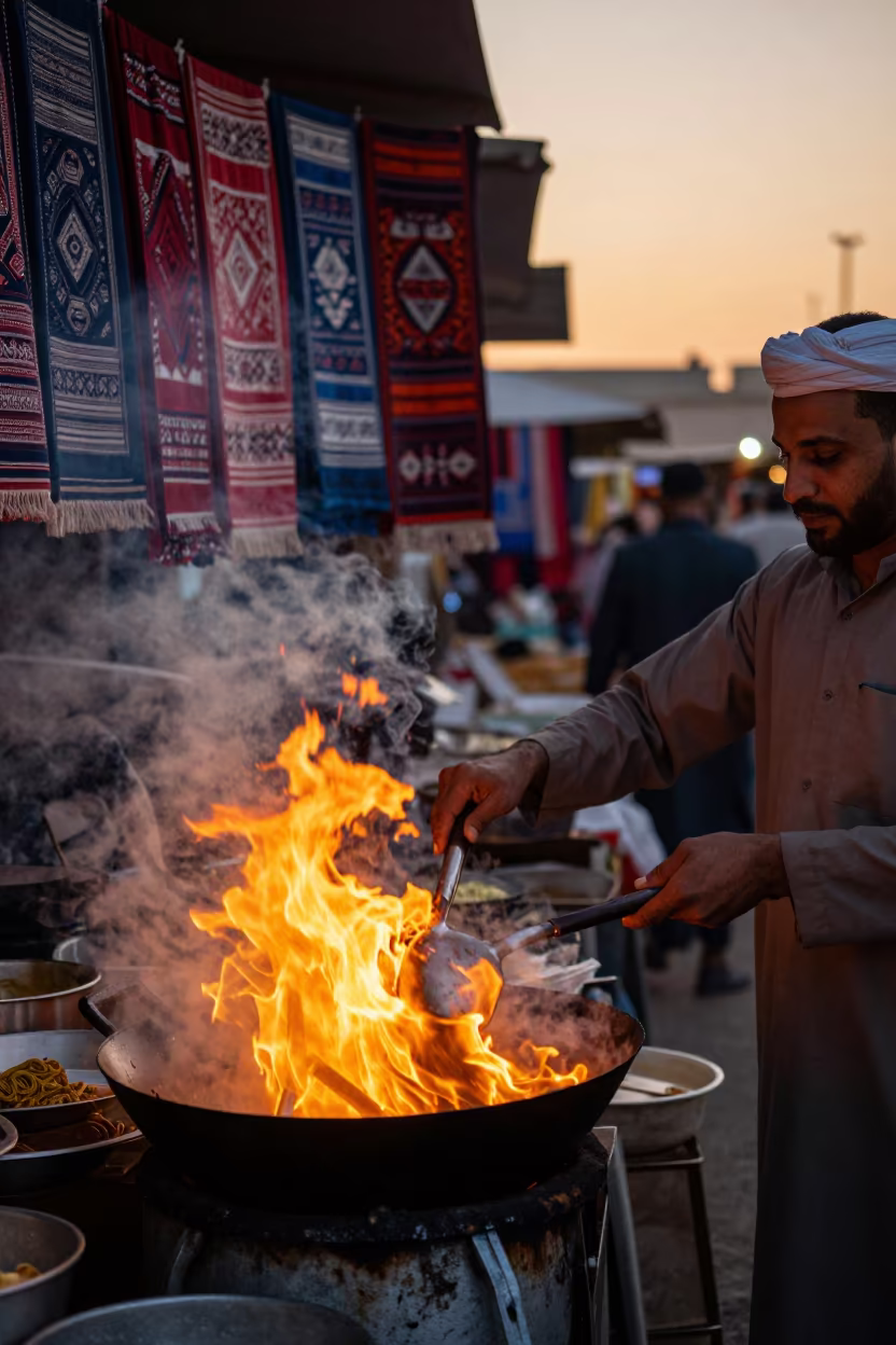 Noodle Vendor Tossing Flaming Wok at Sunset Market in at a textile trader's stall in El Mahalla El Kubra