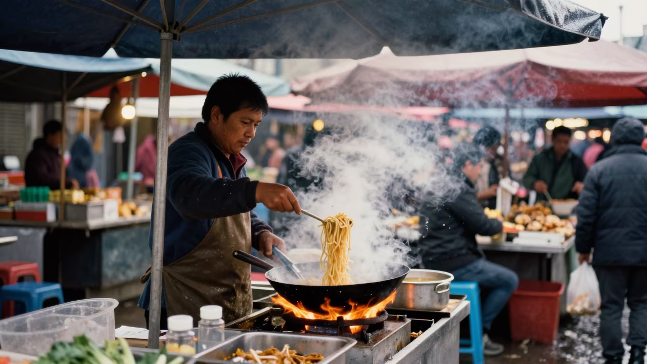 Noodle Vendor Tossing Wok Flames in Valera Market in in a flea market lane in Valera